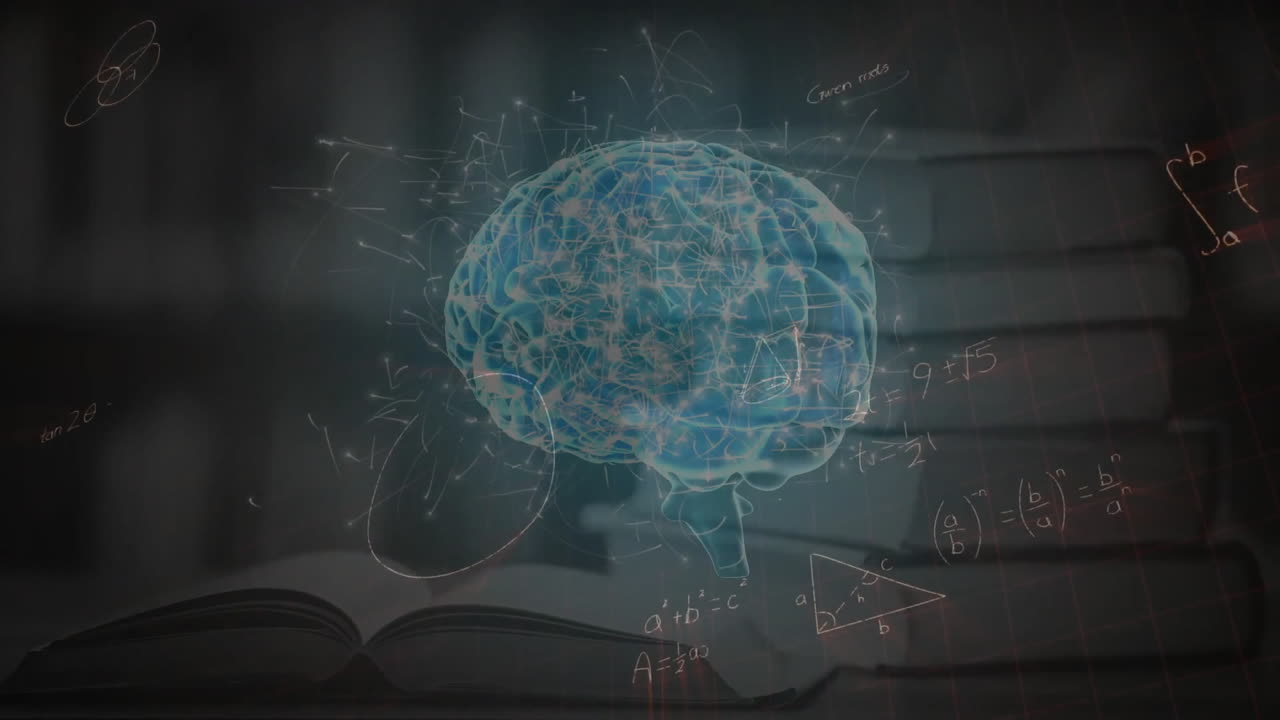 수학적 방정식의 애니메이션과 책 위의 디지털 뇌