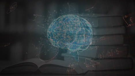 animación de ecuaciones matemáticas y cerebro digital sobre libros