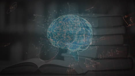 animation of mathematical equations and digital brain over books