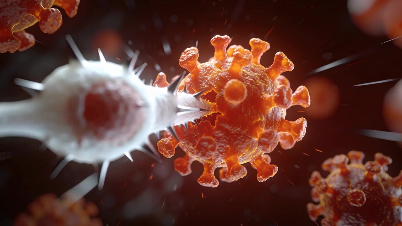Fagocita bianco che si muove verso destra, perforando una particella virale arancione in un microfluido per ucciderla, espellendo detriti.