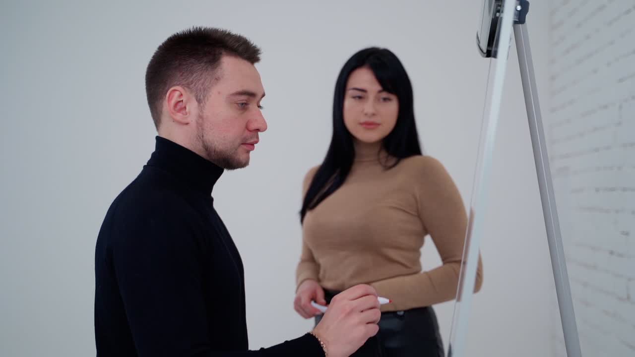 Confident man making presentation. Side view of successful beard businessman standing near presentation board