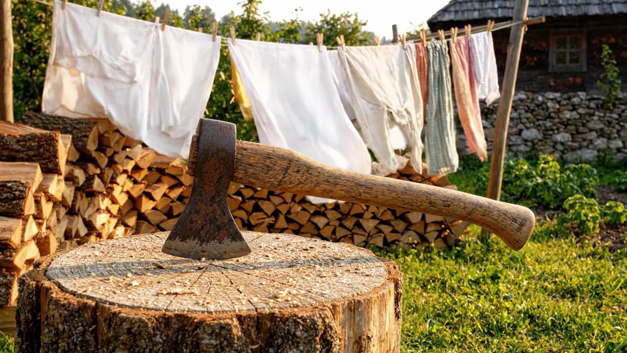 Eine rustikale Szene mit einer Axt auf einem Holzstumpf und Wäsche, die an einer Leine trocknet, in einer ruhigen, in warmes Licht getauchten Außenumgebung.