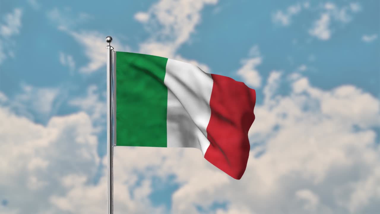 Bandiera italiana che sventola nel cielo blu, video realistico in 4K.