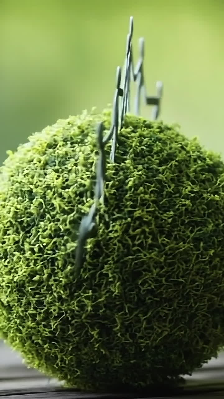 Hands around a green globe. Paper figures hold hands around a moss-covered globe symbolizing unity and environmental awareness in nature.