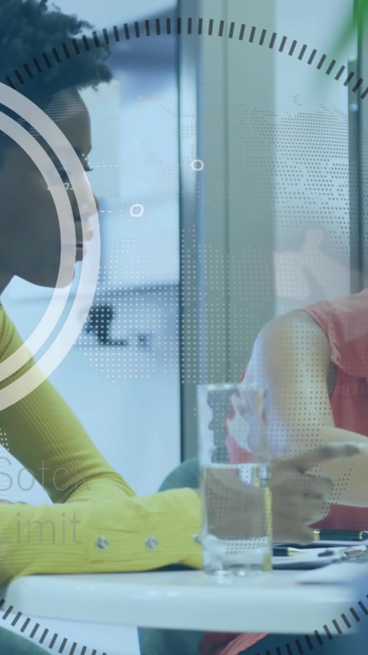 Animation of data processing over business people in office