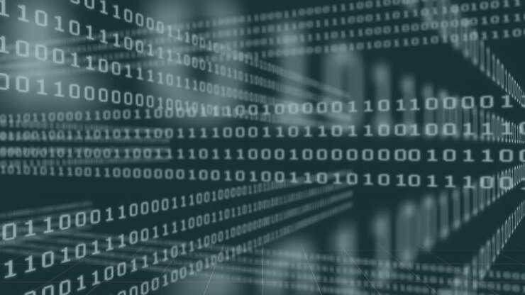 Animation of binary coding data processing over business people