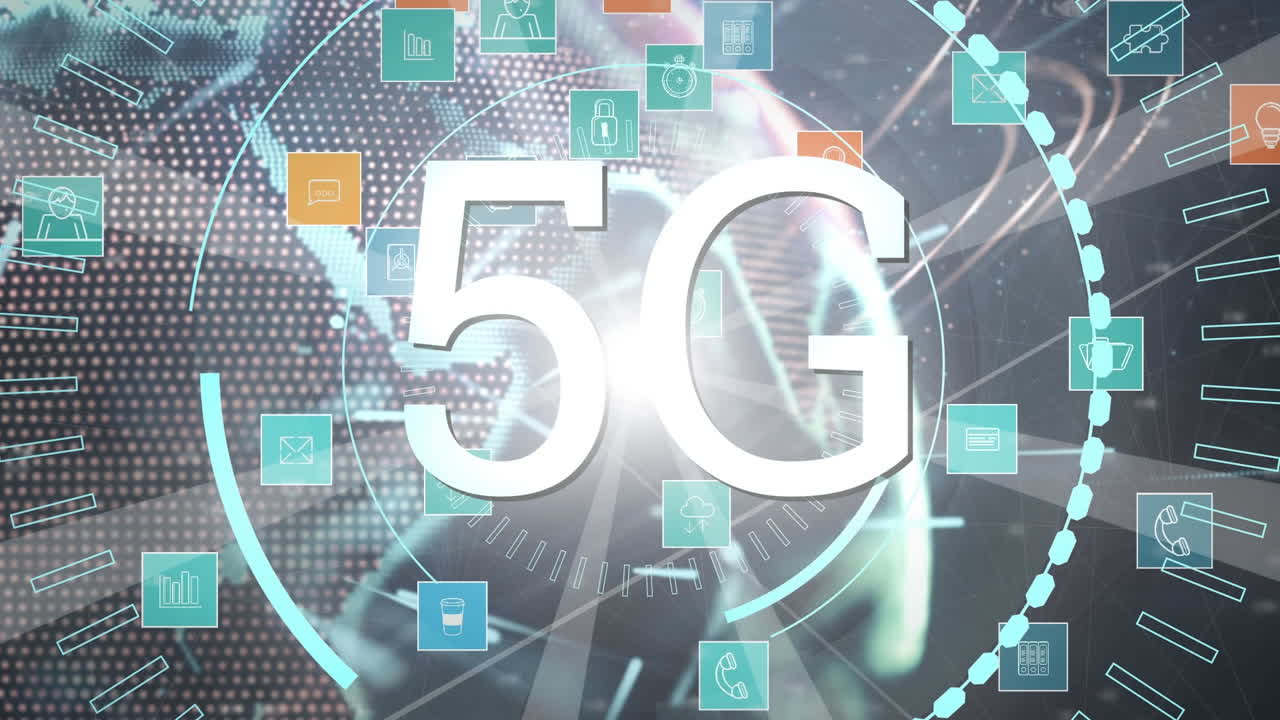 animazione di testo 5g con globo e icone con rete di connessioni