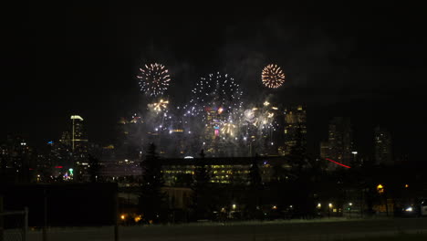 Brilliant-whimsical-fireworks-explode-in-night-sky-over-city-skyline