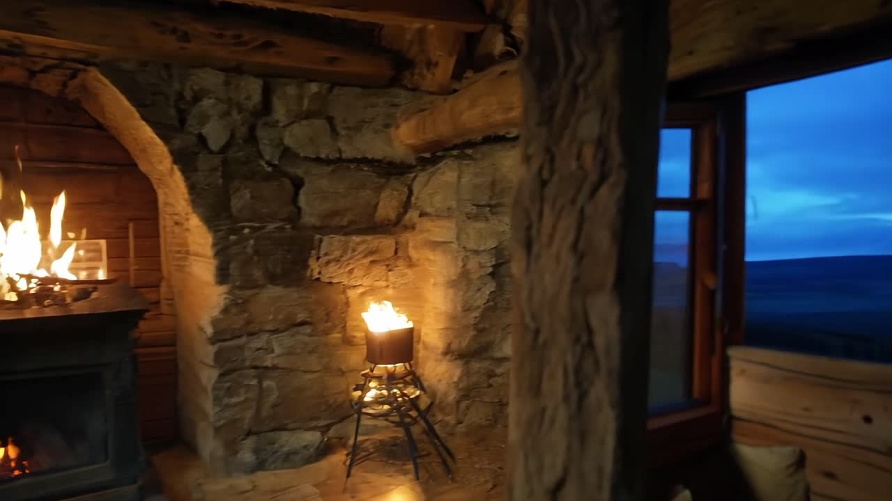 interior acogedor de la cabaña con chimenea y vista por la ventana