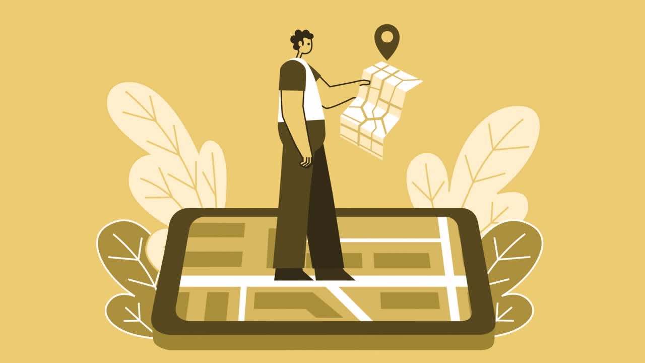 Yellow Style Man Flat Character Walking on Smartphone with Online Map. Isolated Loop Animation with Alpha Channel