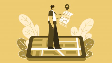 hombre de estilo amarillo personaje plano caminando en teléfono inteligente con mapa en línea. animación de bucle aislado con canal alfa