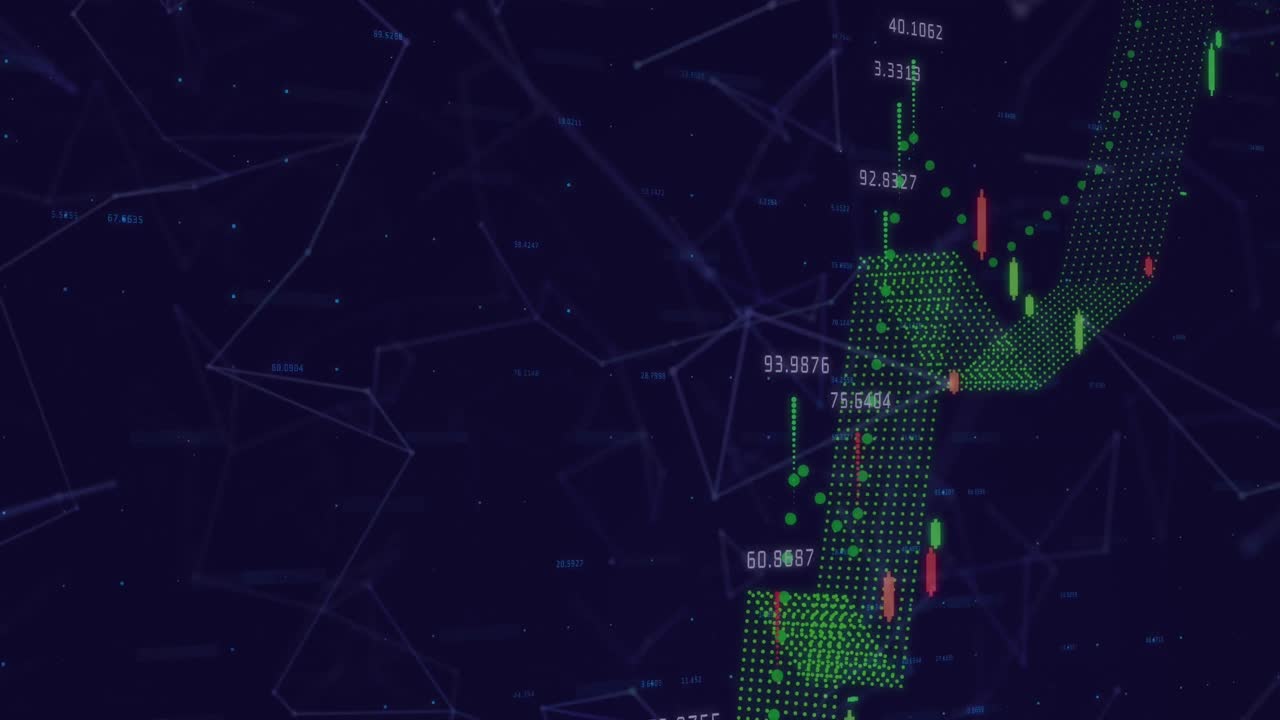 animación digital del procesamiento de datos financieros y la red de conexiones contra un fondo azul