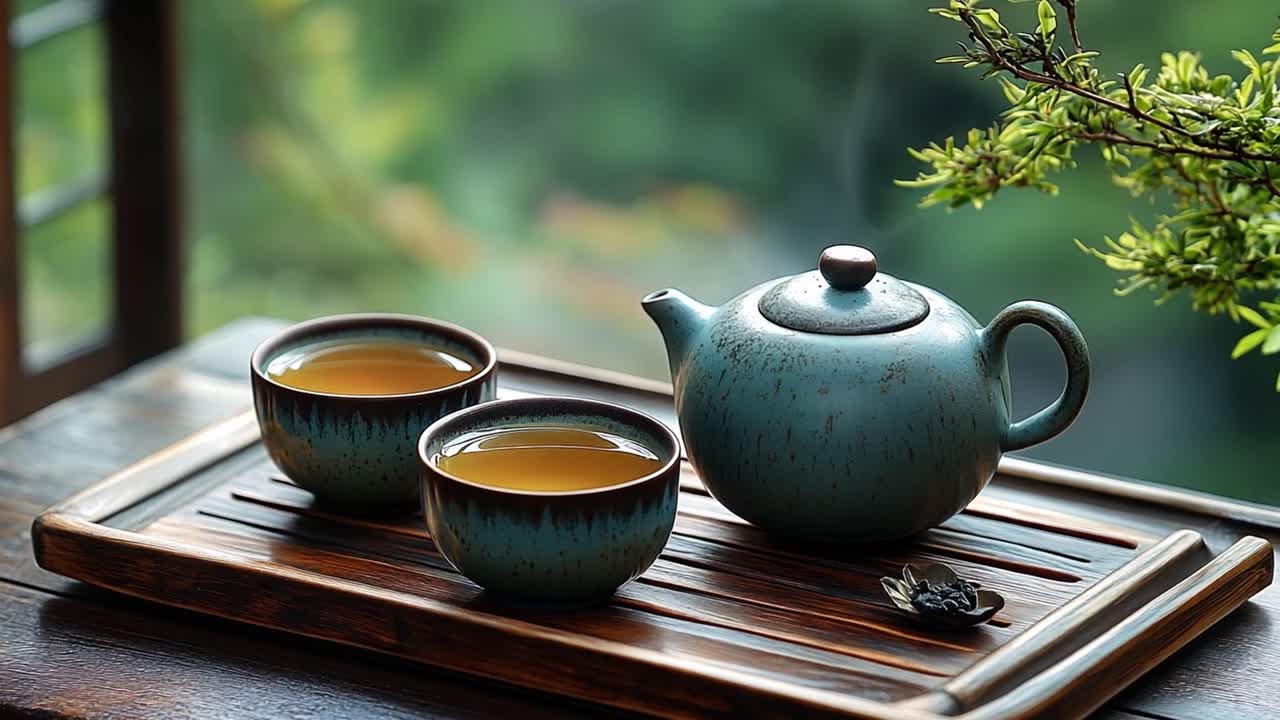 A serene tea set with teapot and cups on a wooden tray