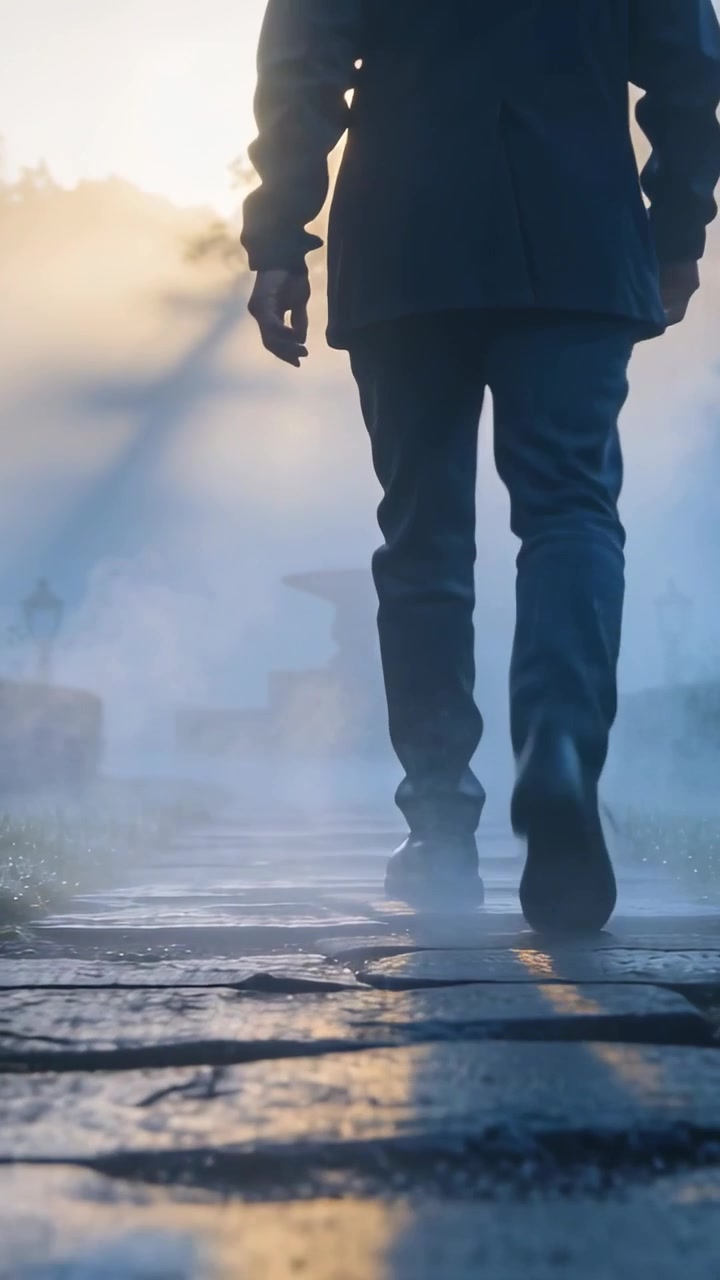 Video verticale: Un uomo con cappotto lungo cammina su un sentiero fluviale bagnato dopo che la telecamera inquadra verso la nebbia illuminata dal sole.