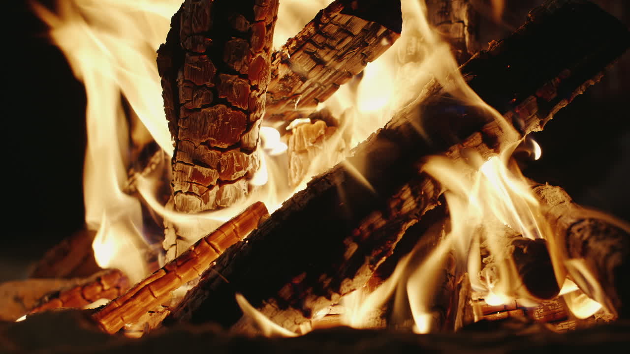 해변 클로즈업에서 타는 좋은 나무의 모닥불