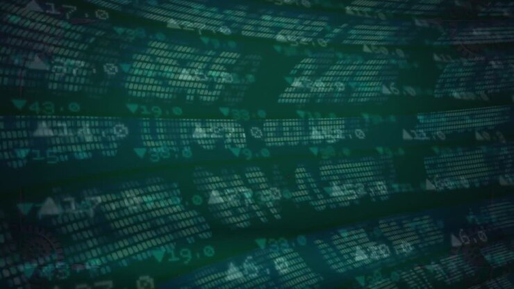 Animation of circles and geometric shapes over data processing on green background