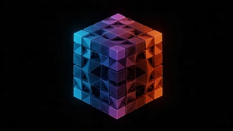 A mesmerizing animation of a 3D geometric cube, showcasing intricate patterns and vibrant color gradients, set against a dark background for a stunning visual effect