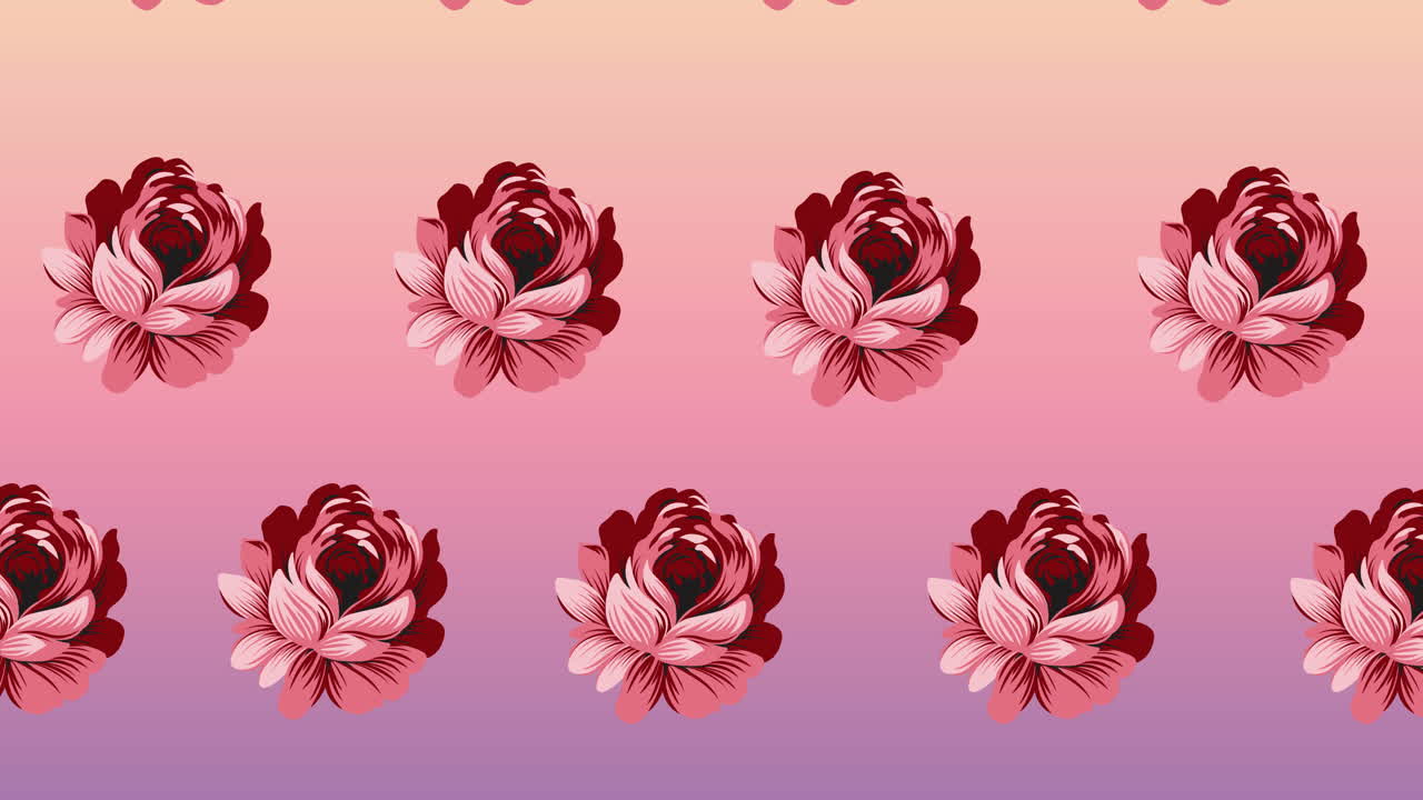 Composition of rows of pink flowers moving on pink background