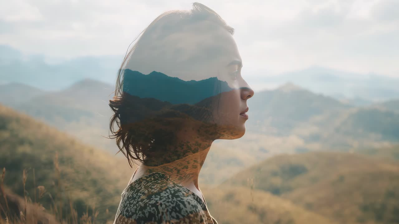 Double exposure portrait of a woman with mountains