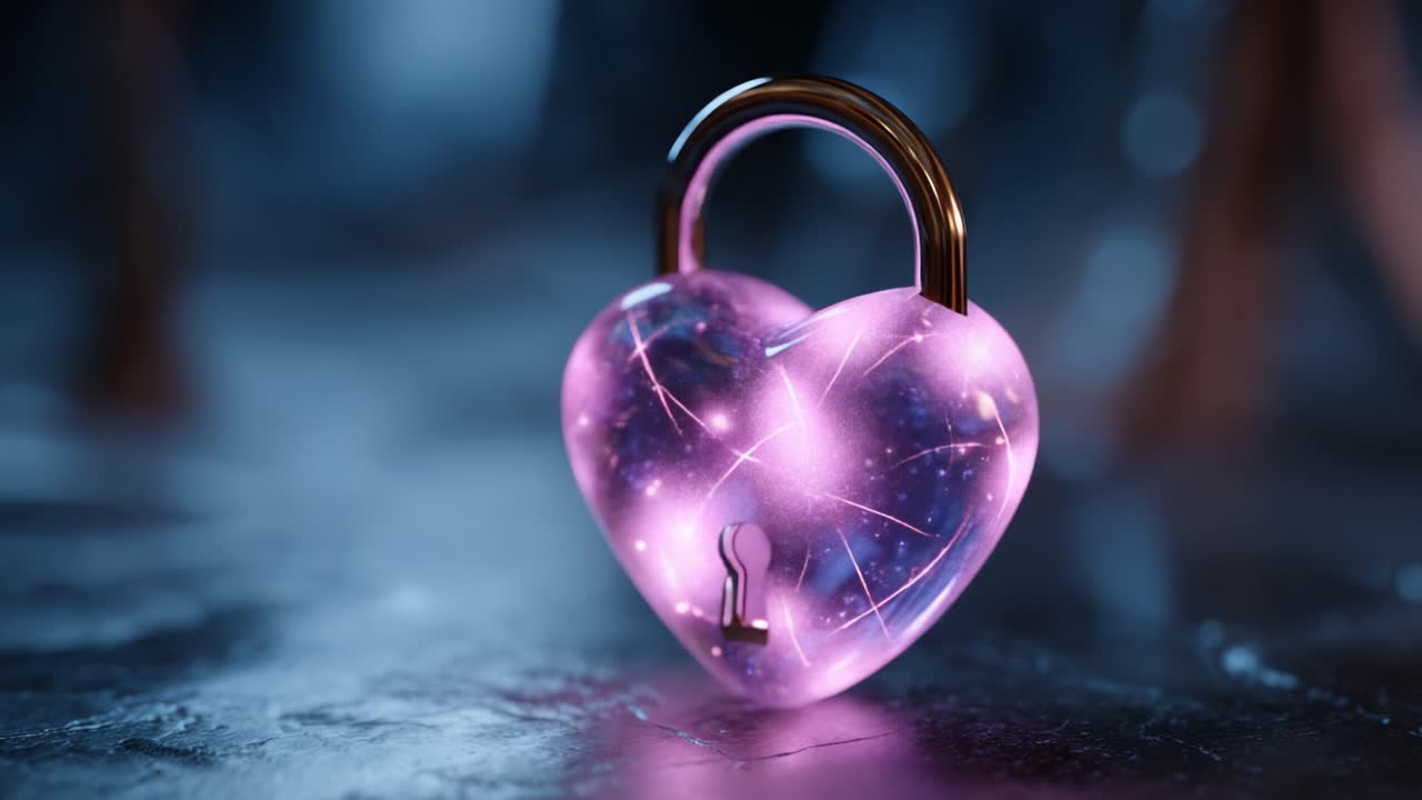 A mesmerizing heart-shaped lock adorned with glowing cosmic patterns, representing love and security, set against a mystical blurred background in enchanting lighting