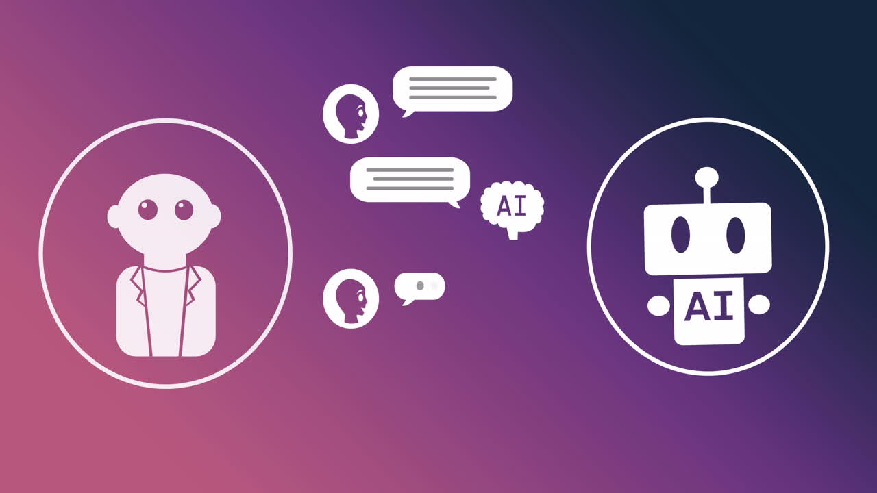 보라색 배경 위에 텍스트, 아이콘 및 데이터 처리의 애니메이션