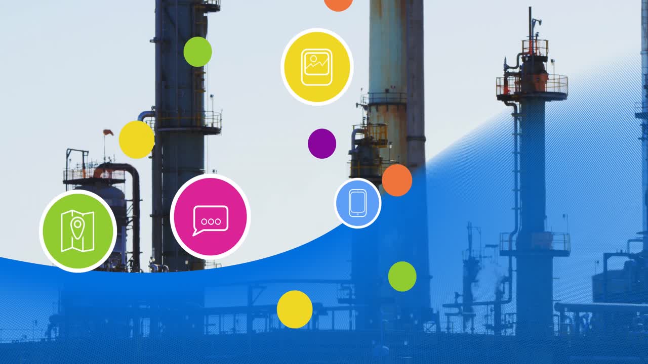 정유 공장 위에 떨어지는 아이콘의 애니메이션