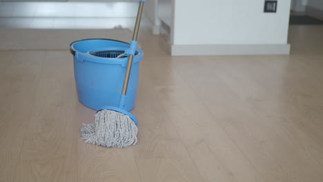 a blue mop bucket and mop on a wooden floor