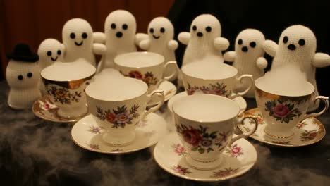 playful ghosts gather around enchanted teacups, creating a whimsical scene with fog and charm in a delightful display of imagination and fun