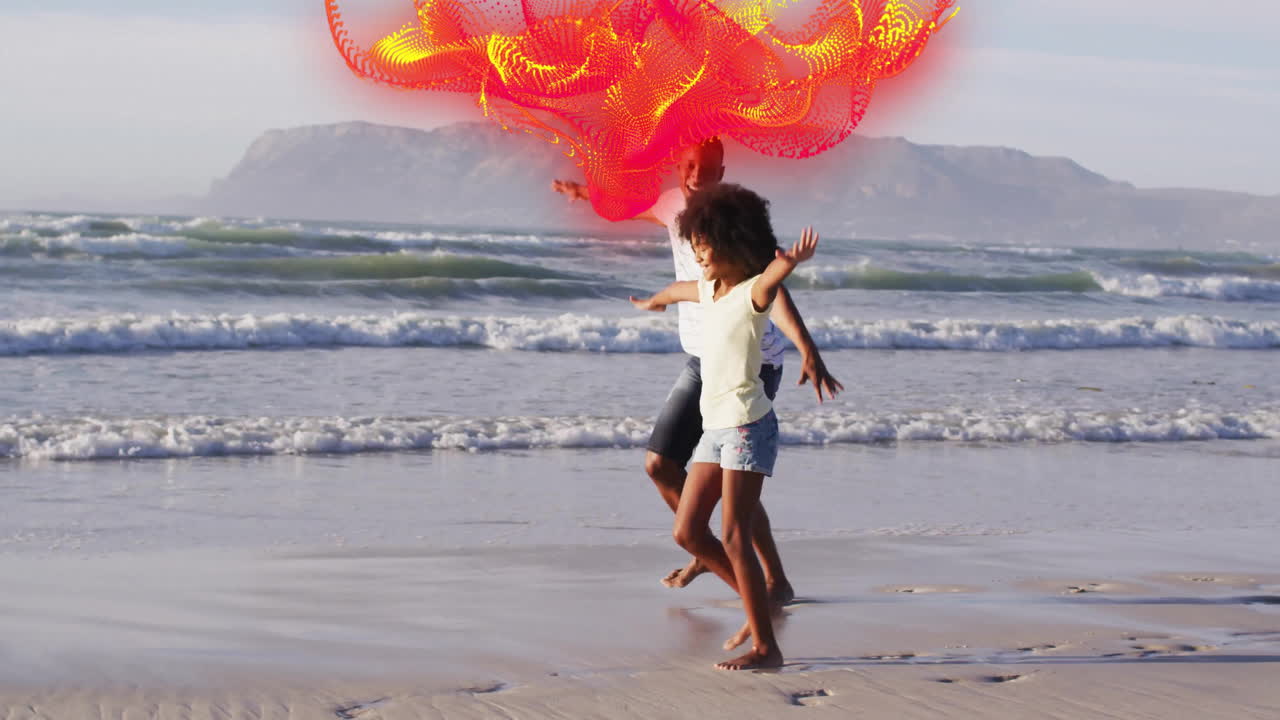 Father and daughter running barefoot along ocean beach, featuring swirling tech data stream overlay