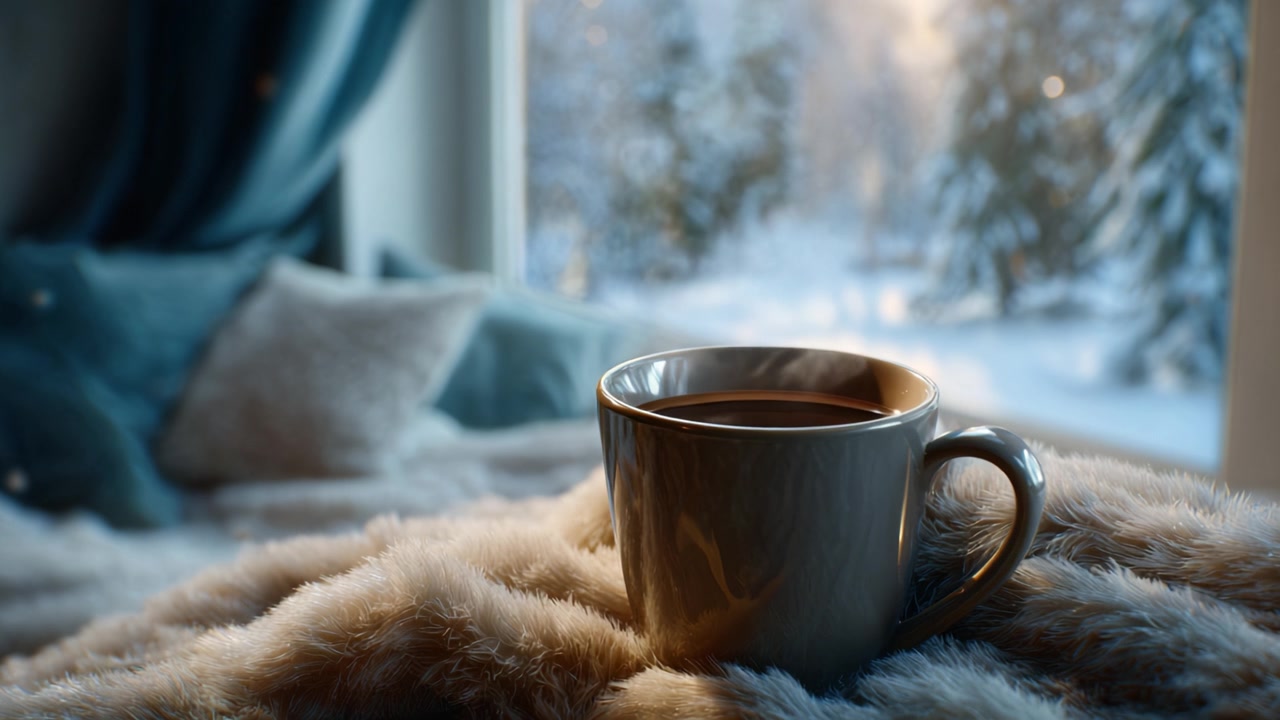 En hyggelig vinterscene med en varm kop kaffe mod et snedækket landskab, perfekt til afslapning og eftertanke på kolde dage.