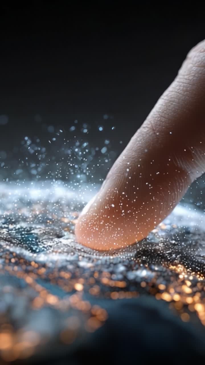 A Close-Up Exploration of a Finger Touching a Dazzling Surface, Capturing the Sparkling Interaction Between Skin and a Shimmering Element in an Abstract Environment