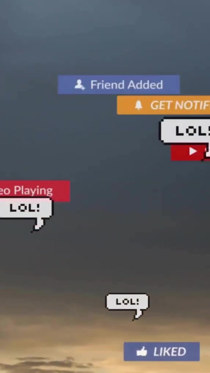 Animation of lol text chat messages and social media notifications on sunset sky