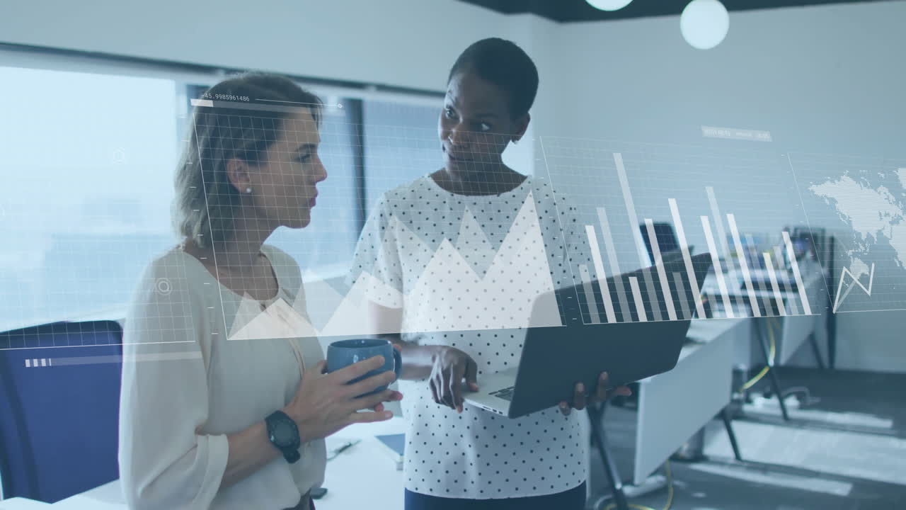 Animation of financial data processing over diverse colleagues discussing work in office