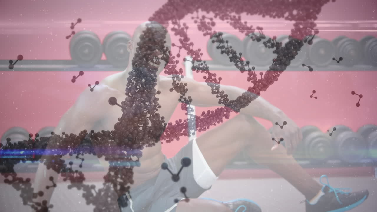 근육을 가진 남자가 운동하는 dna 가닥의 애니메이션