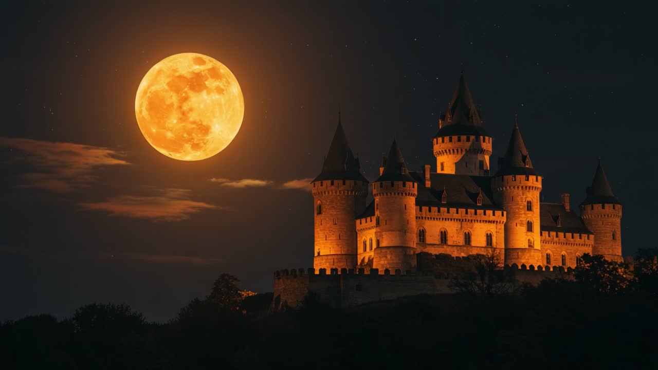 A Majestic Castle Illuminated Under a Radiant Full Moon Casting a ...