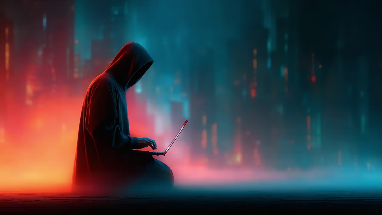 Mysterious Figure in Hooded Cloak Engages with Laptop Amidst an Ethereal Cityscape, Captured in a Dark and Atmospheric Setting of Digital Intrigue