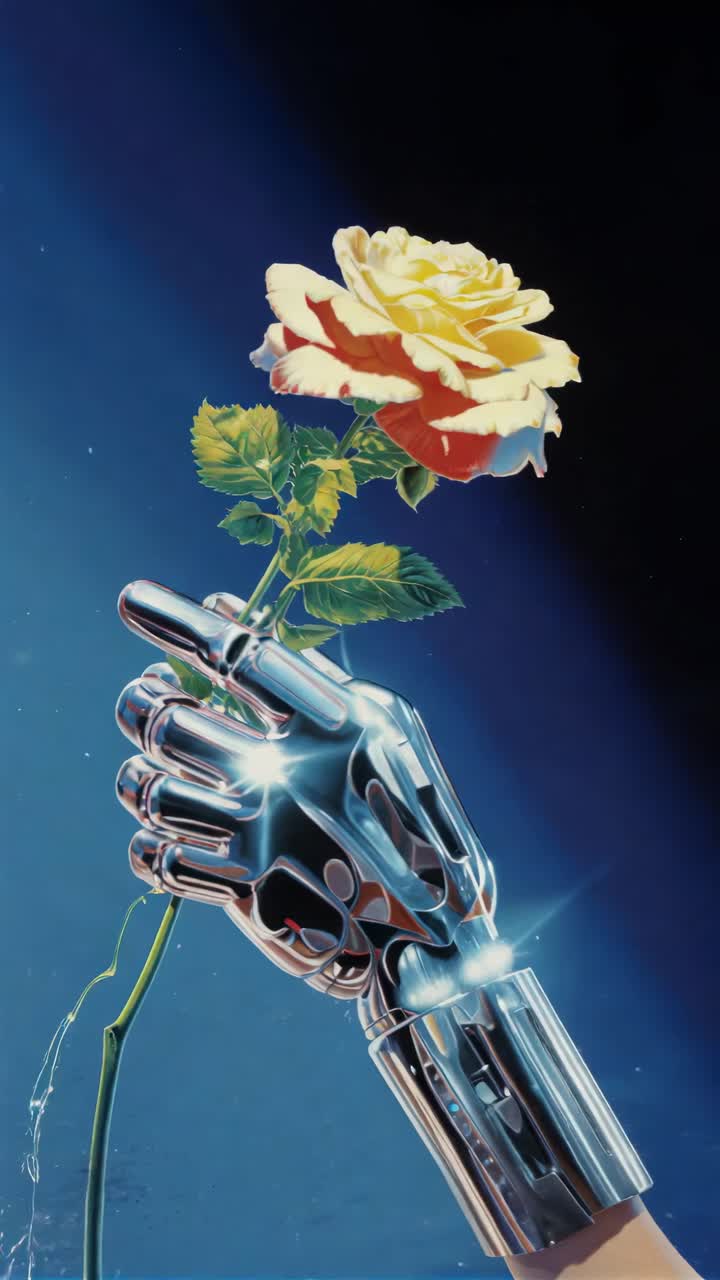 A futuristic video concept showing a robotic hand holding a yellow rose