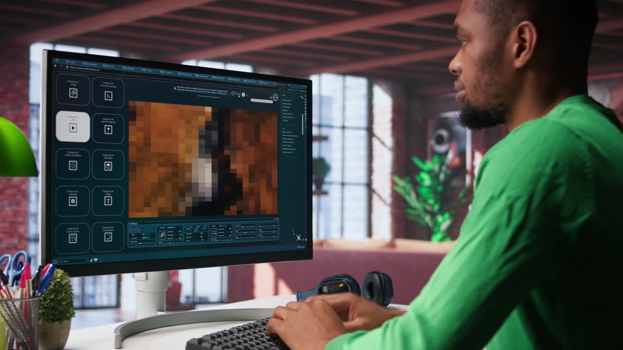 Vertical Video Black guy uses deep learning tools to generate video footage from text prompts