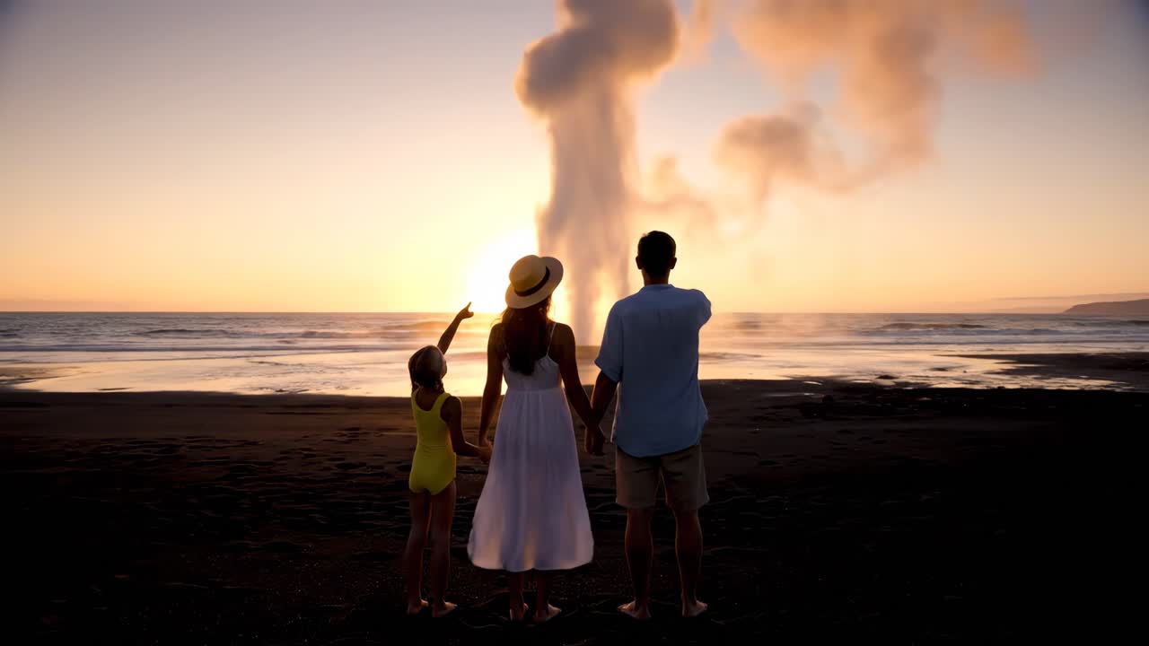 Family watching geothermal activity at sunset on a beach