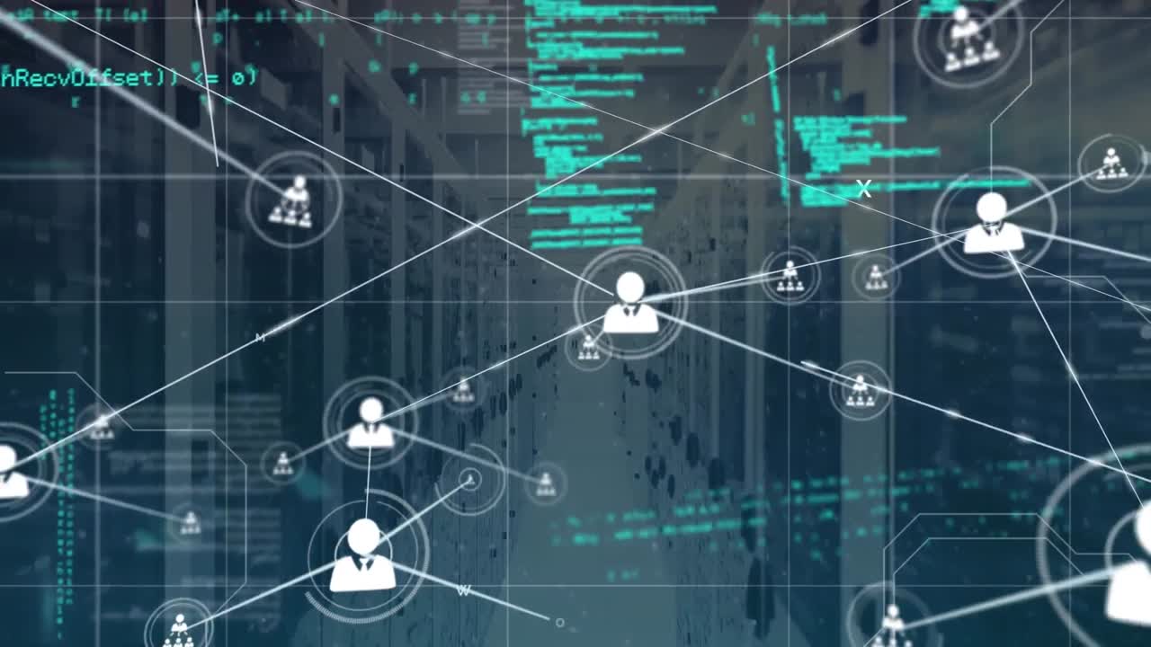 Animation of computer language and connected icons over server rack in background