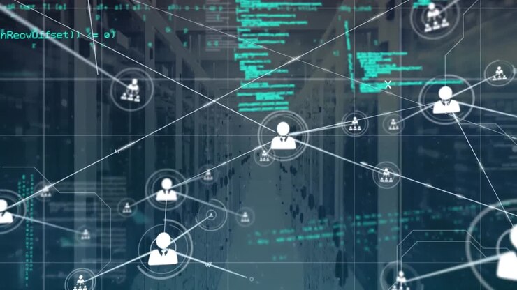 Animation of computer language and connected icons over server rack in background