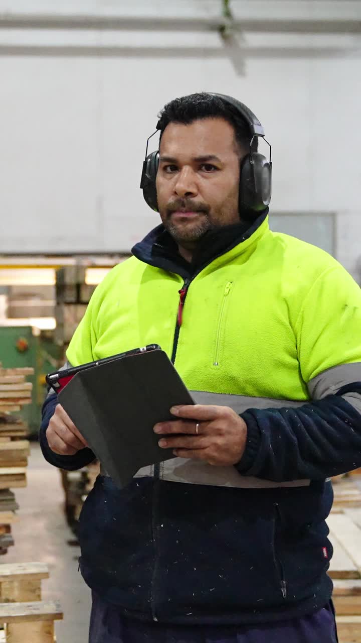 Hombre con equipo de seguridad usando una tablet en un almacén