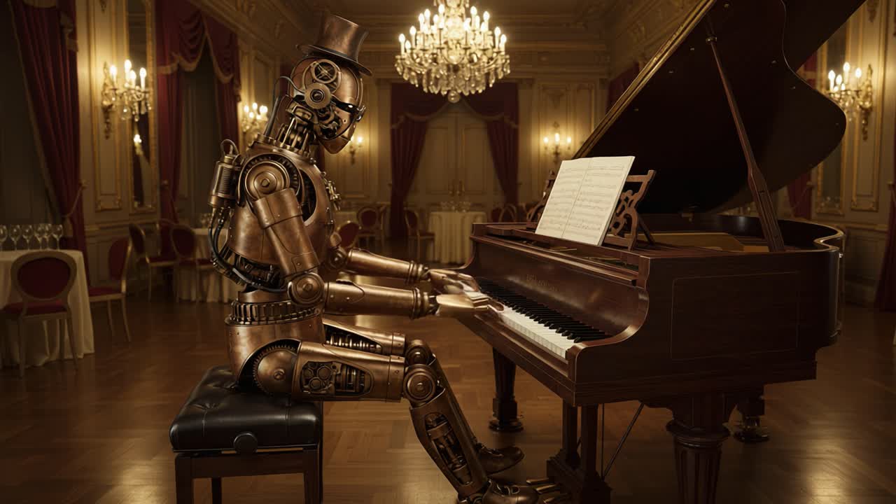 A Steampunk Robot Elegantly Playing the Piano in a Grand, Elegantly Decorated Hall with Crystal Chandeliers and Luxurious Ambiance