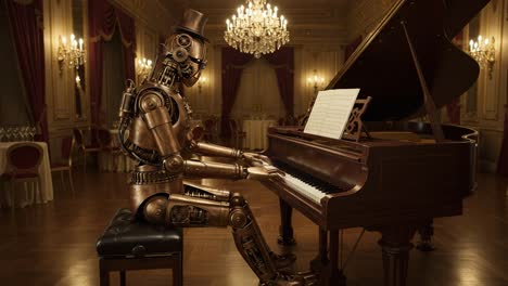 a steampunk robot elegantly playing the piano in a grand, elegantly decorated hall with crystal chandeliers and luxurious ambiance