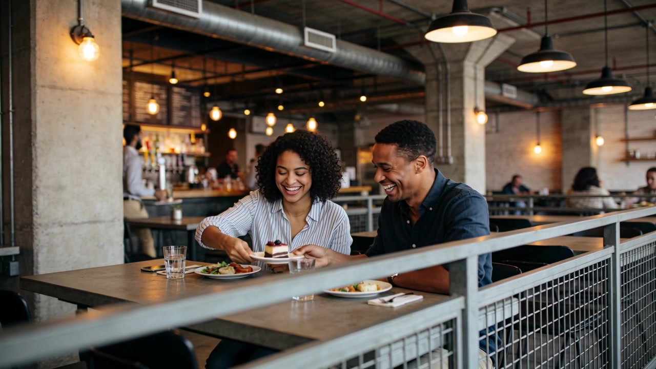 Reaching fork, woman in striped shirt offering bite, sharing dessert at wooden table, man laughing