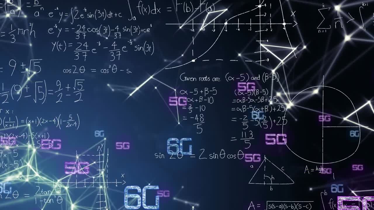 animación de fórmulas matemáticas, conexiones y 6g en fondo negro con luz