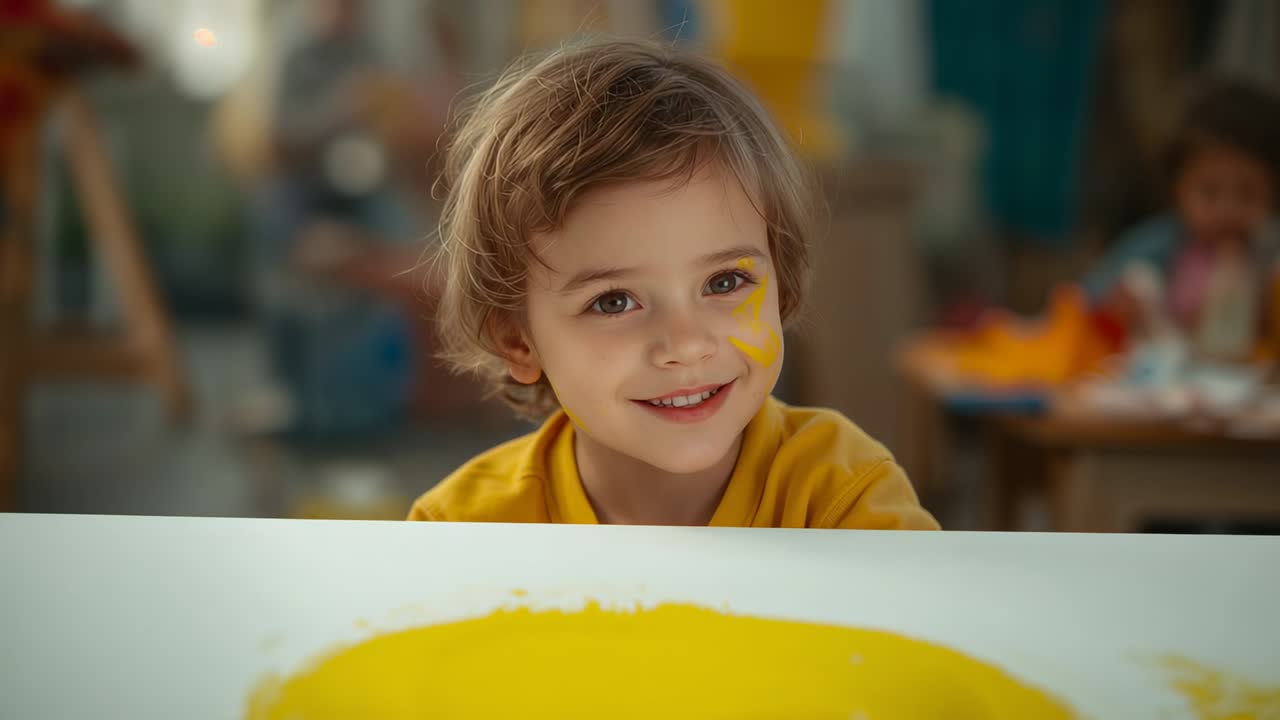 Al comienzo del clip, un niño con una sudadera amarilla mira a la cámara en un aula, con un lienzo amarillo.