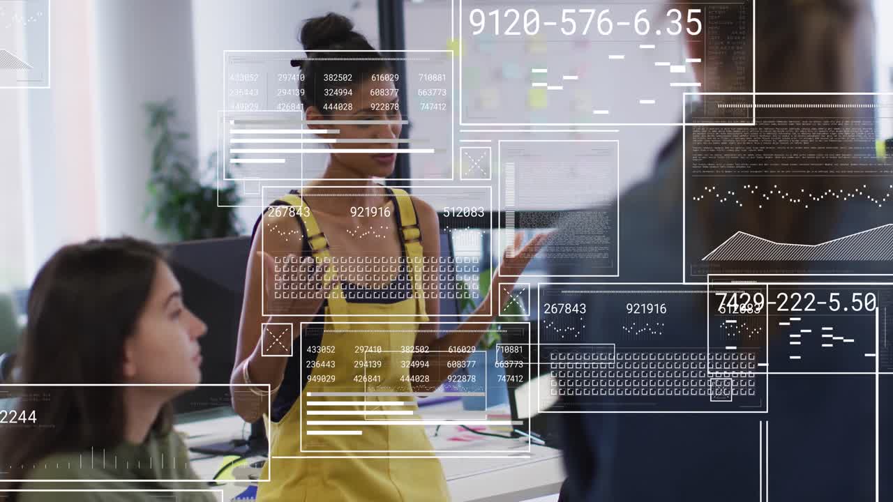Animation of data processing over diverse business people in office