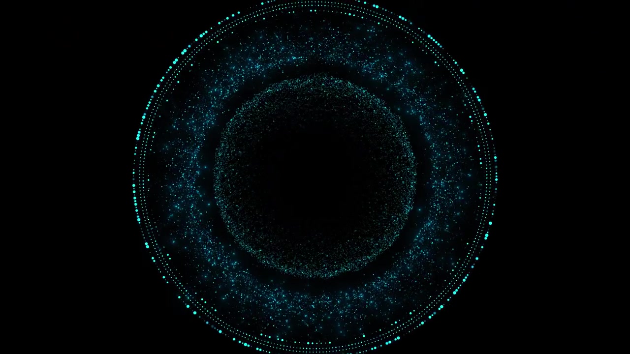 Cyan particle circle tunnel motion glowing digital halo dotted rings black center futuristic depth