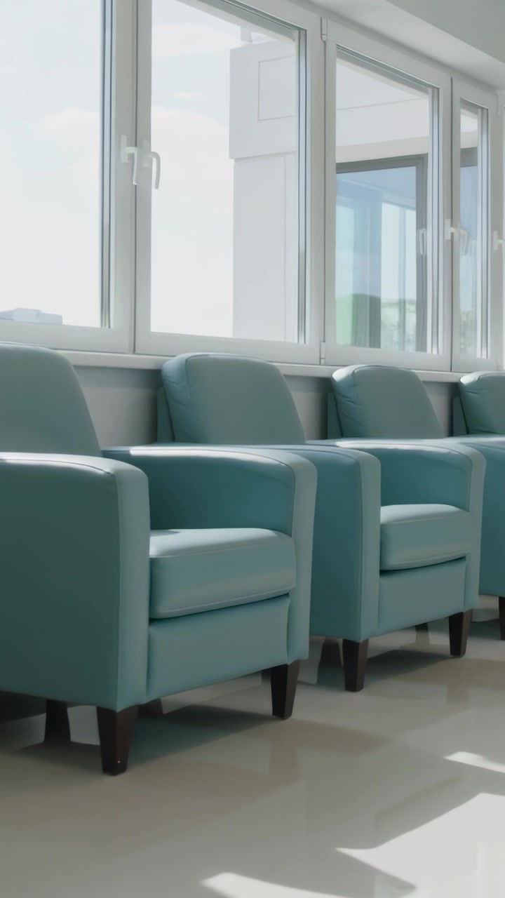 Vertical video: Camera panning right revealing four teal armchairs in lobby with window reflections